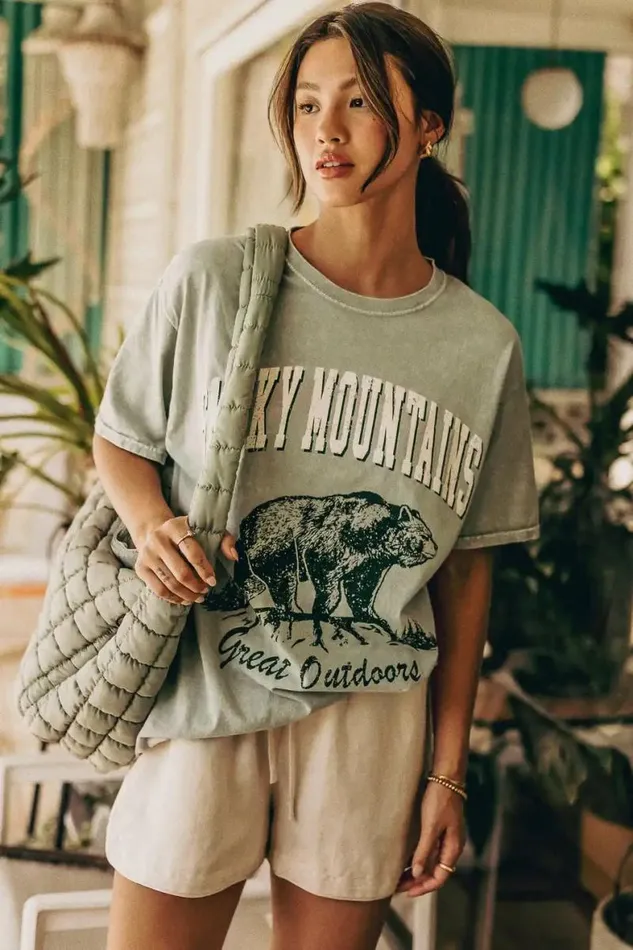 Smoky Mountain Graphic Tee Green Women Bohme Tees and Tanks