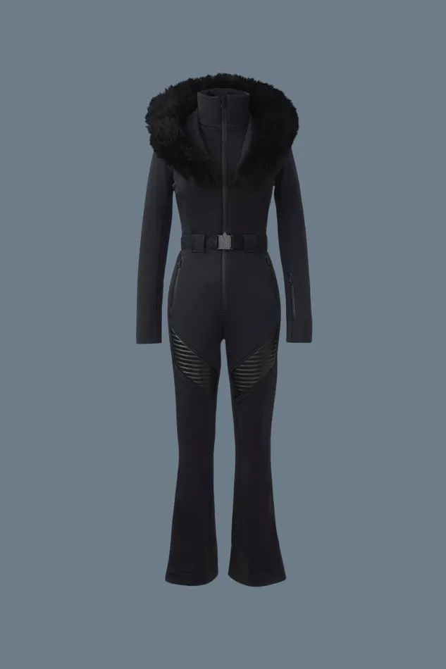 Suits Women Mackage ELLEZ Techno Fleece Ski Suit With Removable Hood And Fur Trim Black