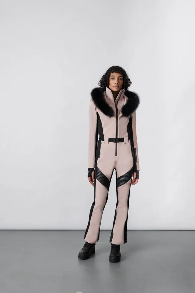 Suits Women Mackage ELLEZ Techno Fleece Ski Suit With Removable Hood And Fur Trim Black
