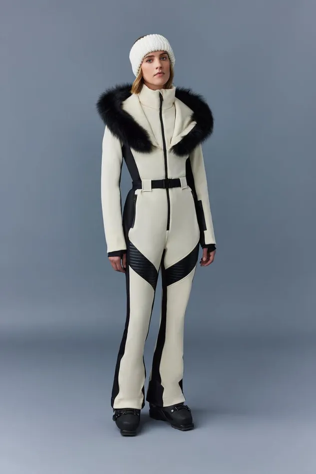 Suits Women Mackage ELLEZ Techno Fleece Ski Suit With Removable Hood And Fur Trim Black