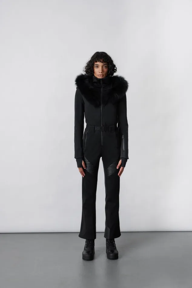Suits Women Mackage ELLEZ Techno Fleece Ski Suit With Removable Hood And Fur Trim Black