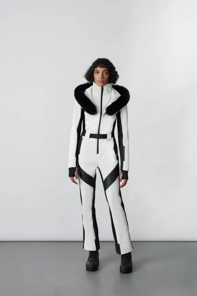 Suits Women Mackage ELLEZ Techno Fleece Ski Suit With Removable Hood And Fur Trim Black