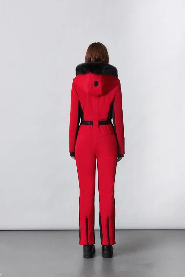 Suits Women Mackage ELLEZ Techno Fleece Ski Suit With Removable Hood And Fur Trim Black