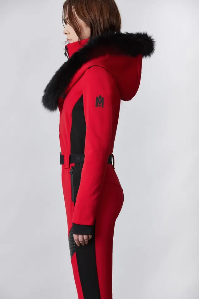 Suits Women Mackage ELLEZ Techno Fleece Ski Suit With Removable Hood And Fur Trim Black