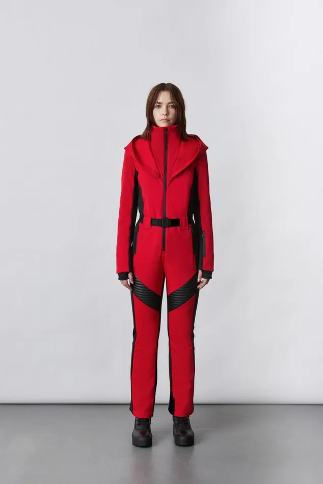 Suits Women Mackage ELLEZ Techno Fleece Ski Suit With Removable Hood And Fur Trim Black