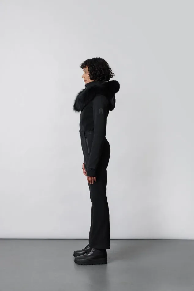Suits Women Mackage ELLEZ Techno Fleece Ski Suit With Removable Hood And Fur Trim Black