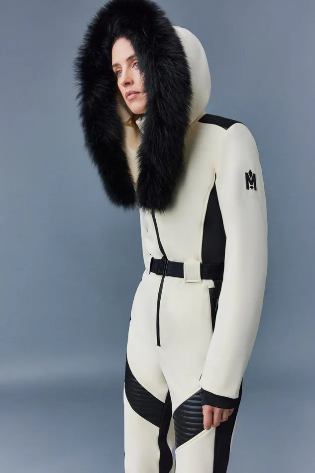 Suits Women Mackage ELLEZ Techno Fleece Ski Suit With Removable Hood And Fur Trim Black