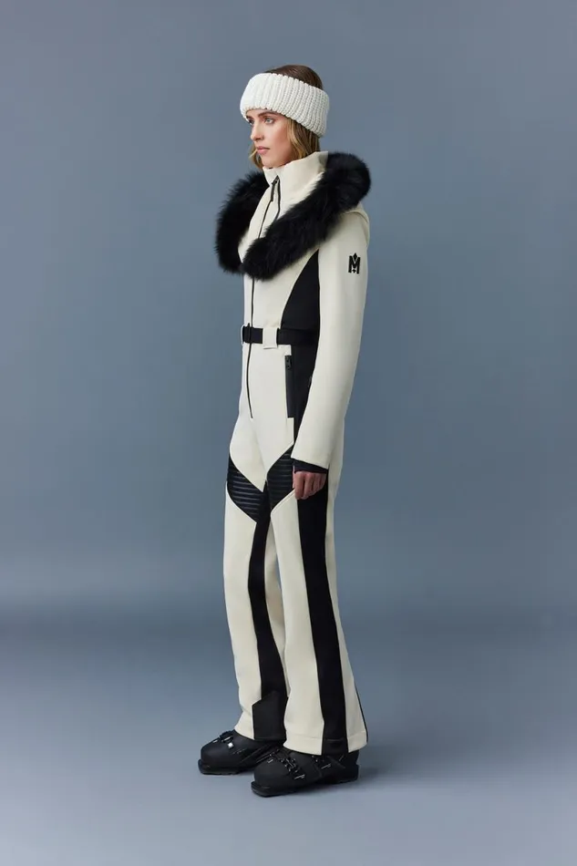 Suits Women Mackage ELLEZ Techno Fleece Ski Suit With Removable Hood And Fur Trim Black