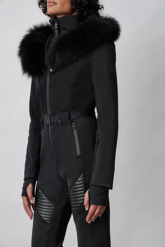 Suits Women Mackage ELLEZ Techno Fleece Ski Suit With Removable Hood And Fur Trim Black