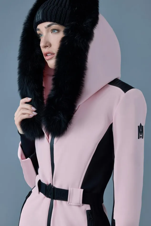 Suits Women Mackage ELLEZ Techno Fleece Ski Suit With Removable Hood And Fur Trim Black