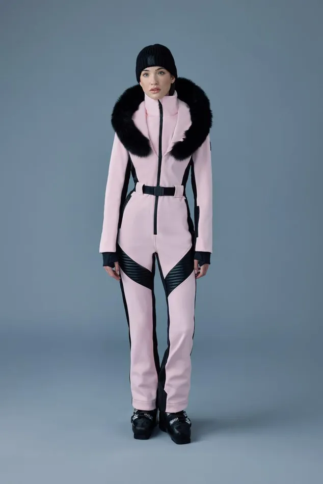 Suits Women Mackage ELLEZ Techno Fleece Ski Suit With Removable Hood And Fur Trim Black