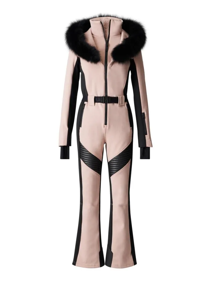 Suits Women Mackage ELLEZ Techno Fleece Ski Suit With Removable Hood And Fur Trim Black