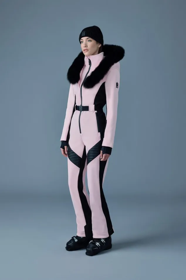 Suits Women Mackage ELLEZ Techno Fleece Ski Suit With Removable Hood And Fur Trim Black