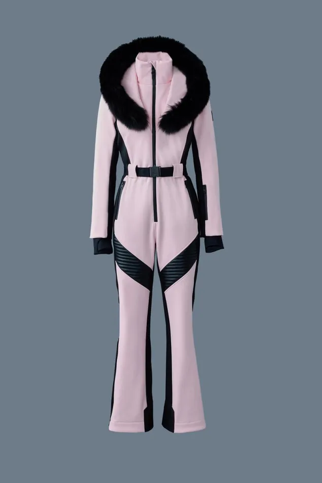 Suits Women Mackage ELLEZ Techno Fleece Ski Suit With Removable Hood And Fur Trim Black