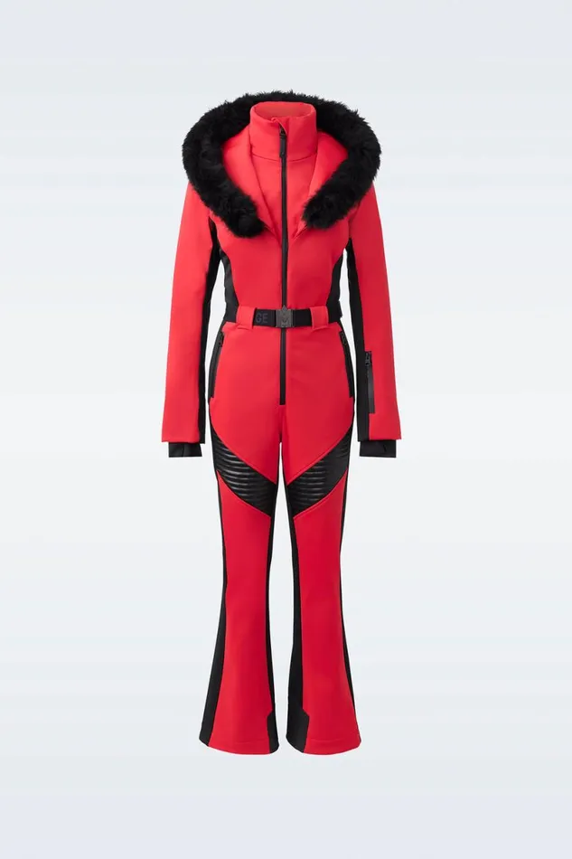 Suits Women Mackage ELLEZ Techno Fleece Ski Suit With Removable Hood And Fur Trim Black