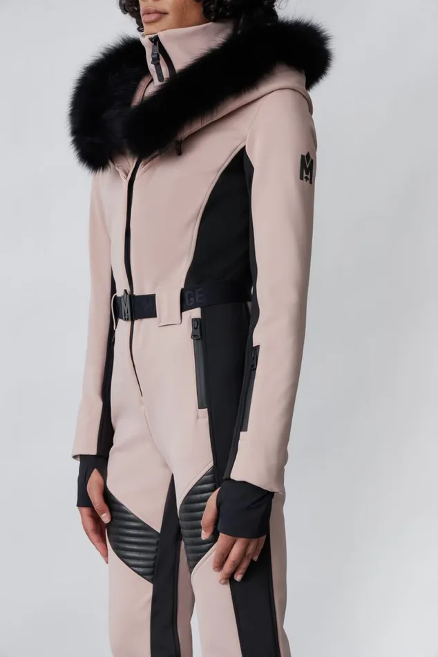 Suits Women Mackage ELLEZ Techno Fleece Ski Suit With Removable Hood And Fur Trim Black