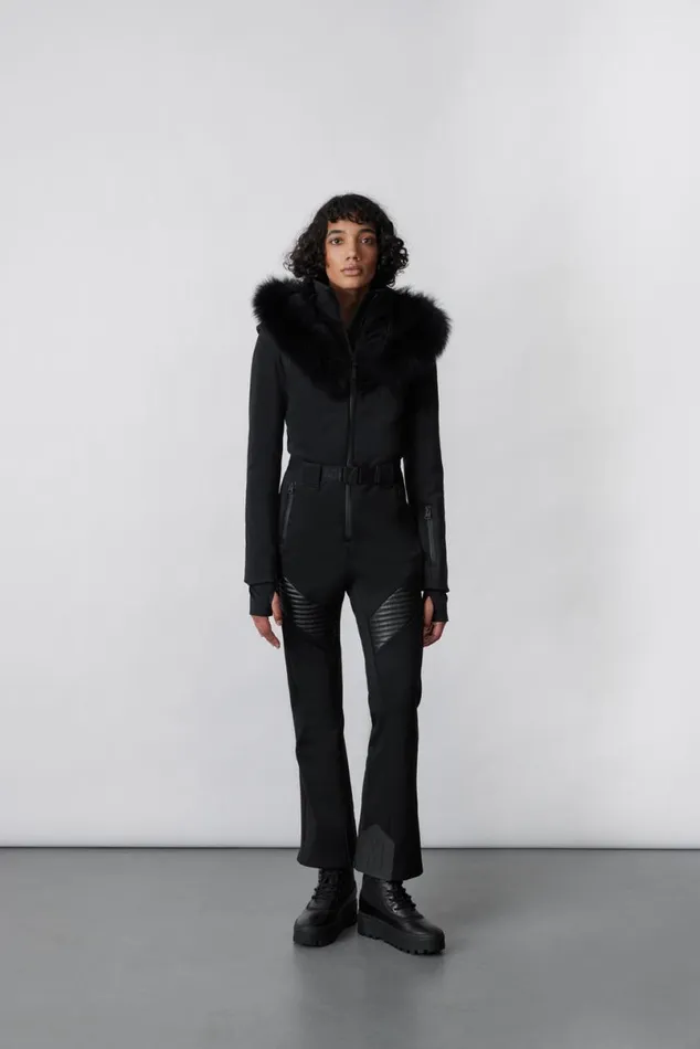 Suits Women Mackage ELLEZ Techno Fleece Ski Suit With Removable Hood And Fur Trim Black
