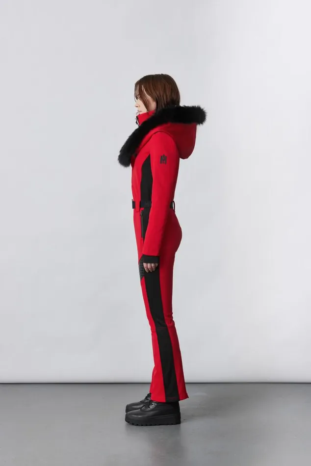 Suits Women Mackage ELLEZ Techno Fleece Ski Suit With Removable Hood And Fur Trim Black