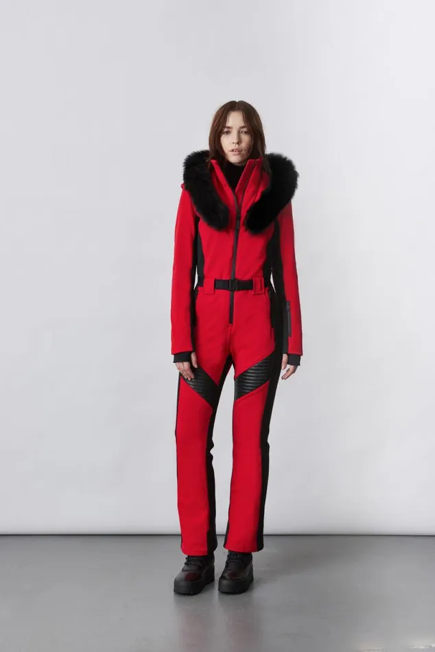 Suits Women Mackage ELLEZ Techno Fleece Ski Suit With Removable Hood And Fur Trim Black