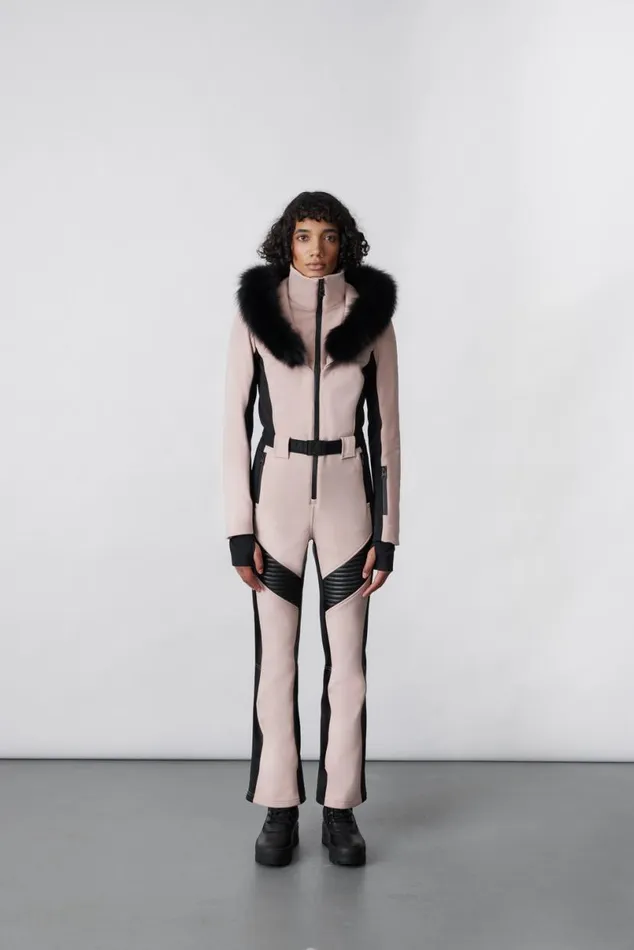 Suits Women Mackage ELLEZ Techno Fleece Ski Suit With Removable Hood And Fur Trim Black