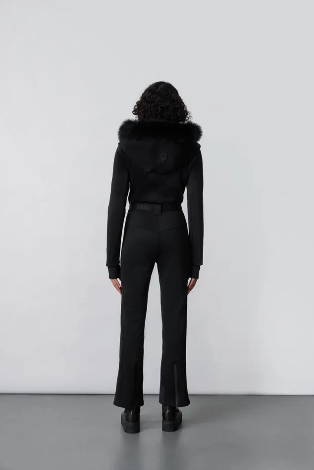 Suits Women Mackage ELLEZ Techno Fleece Ski Suit With Removable Hood And Fur Trim Black