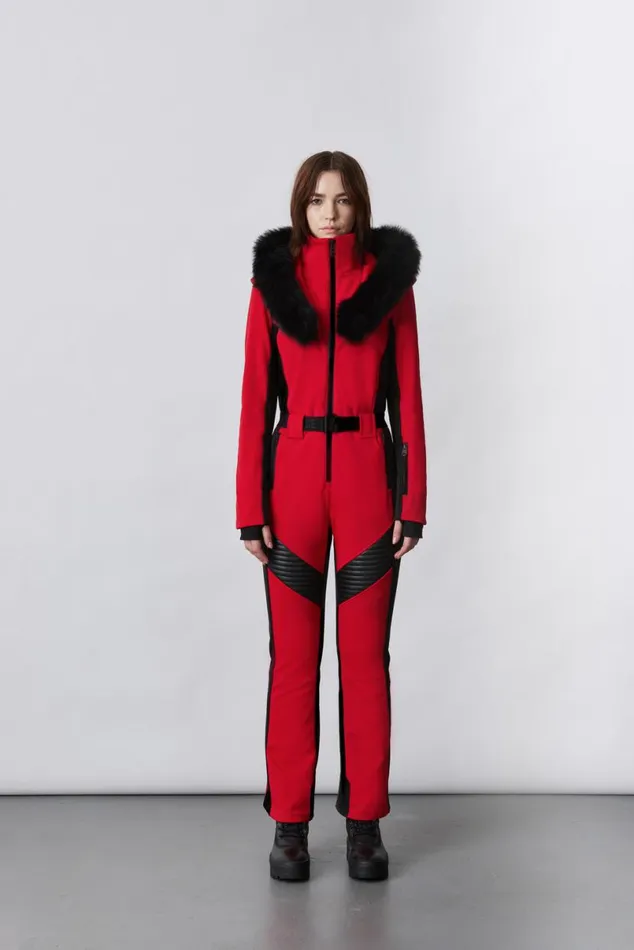 Suits Women Mackage ELLEZ Techno Fleece Ski Suit With Removable Hood And Fur Trim Black