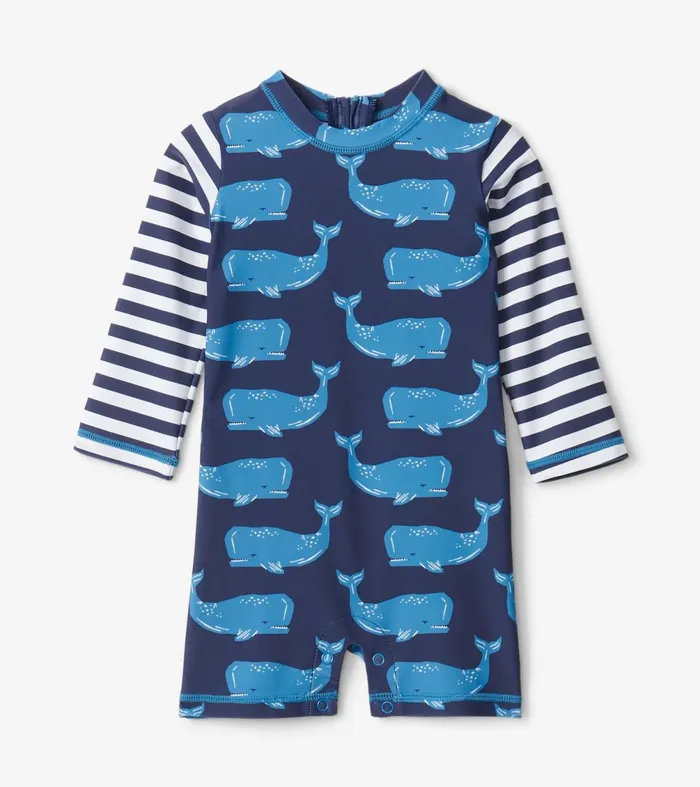 Swimwear Baby and Toddler Hatley Block Whales Baby OnePiece Rashguard