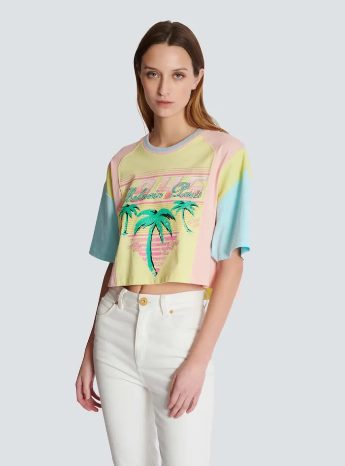 Tshirt With Palm Tree Signature Print Multicolor Women Balmain TShirts