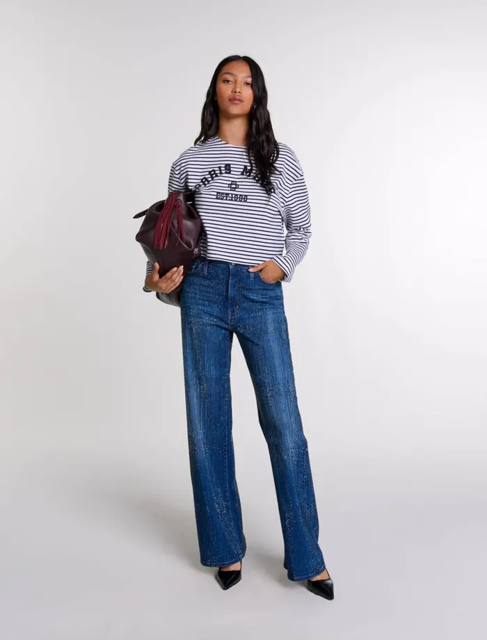 TShirts Women Maje Cropped ShortSleeves TShirt Navy Ecru