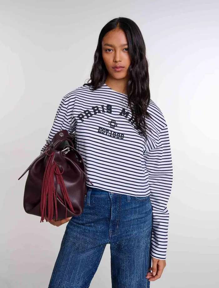 TShirts Women Maje Cropped ShortSleeves TShirt Navy Ecru