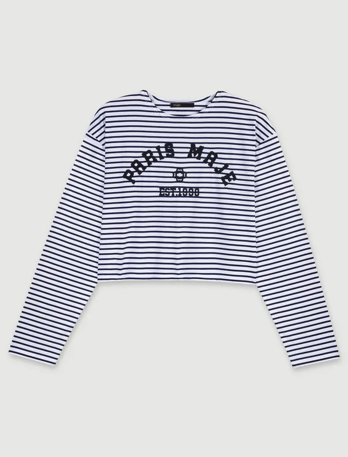 TShirts Women Maje Cropped ShortSleeves TShirt Navy Ecru