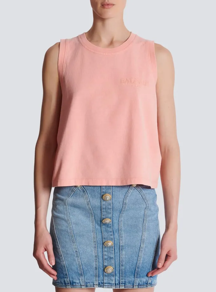 Tank Top With Vintage Embroidery Pink Women Balmain TShirts