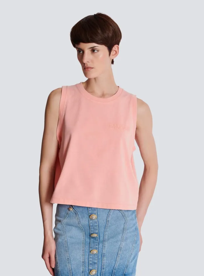 Tank Top With Vintage Embroidery Pink Women Balmain TShirts