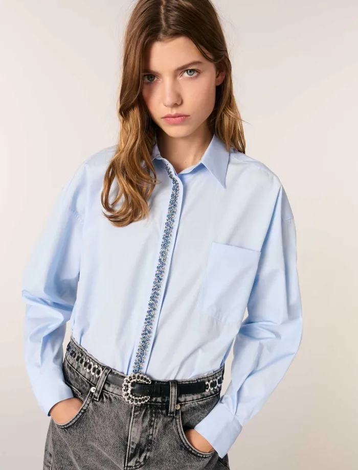 Tops and Shirts Women Maje Poplin Shirt With Rhinestones Blue