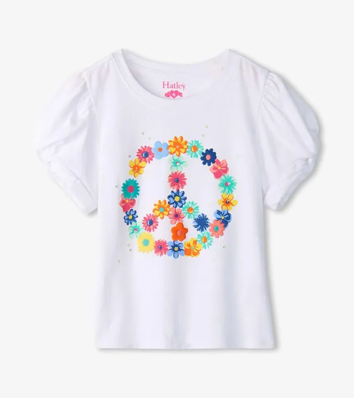 Tops Girls Hatley Girls Peace Flower Twisted Sleeve Tee