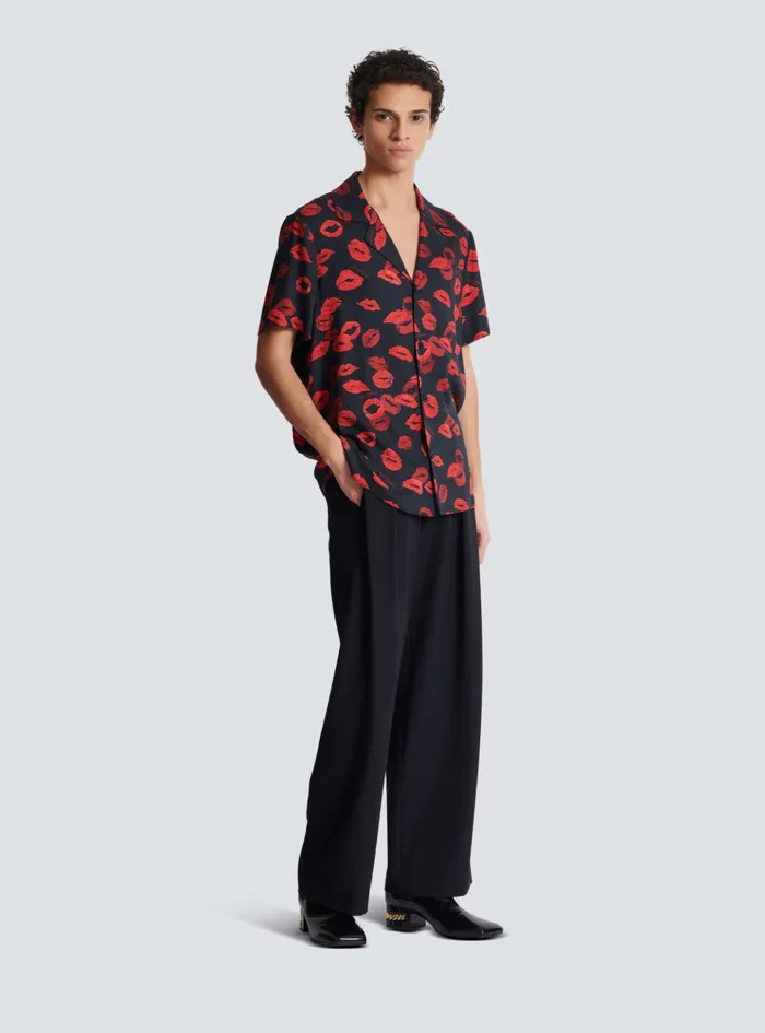 Twill Pyjama Shirt With Kiss Print Black Men Balmain Shirts And Polos