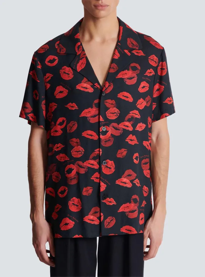 Twill Pyjama Shirt With Kiss Print Black Men Balmain Shirts And Polos
