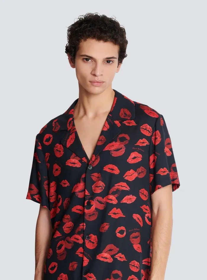 Twill Pyjama Shirt With Kiss Print Black Men Balmain Shirts And Polos