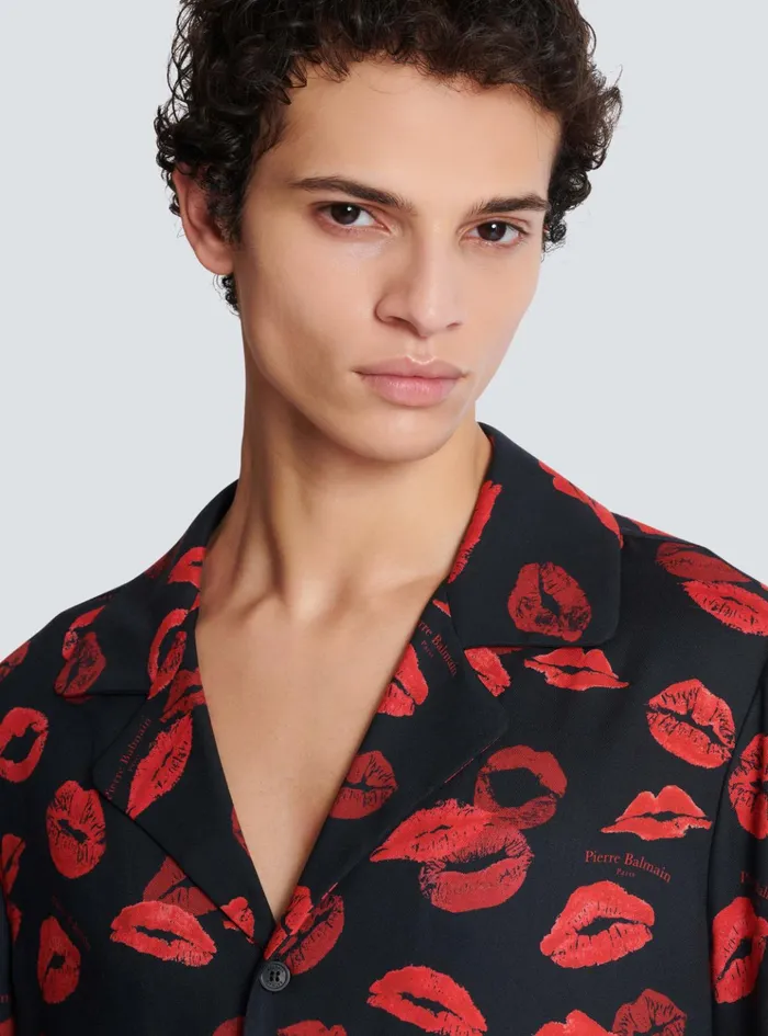 Twill Pyjama Shirt With Kiss Print Black Men Balmain Shirts And Polos