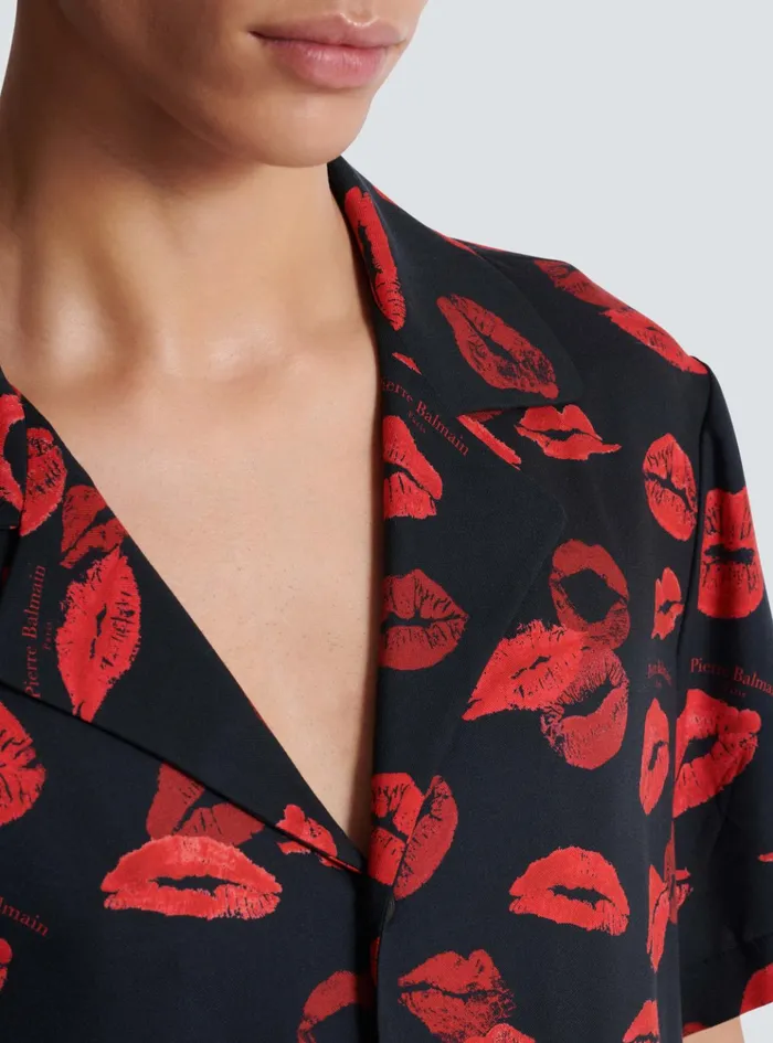 Twill Pyjama Shirt With Kiss Print Black Men Balmain Shirts And Polos