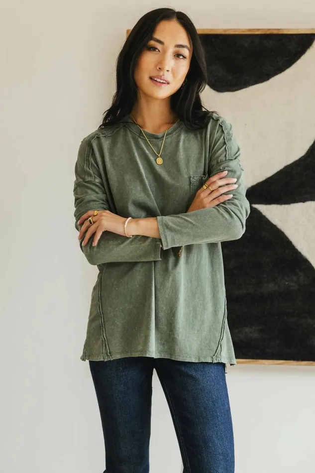 Washed Oversized Knit Top In Sage Sage Women Bohme Tees and Tanks
