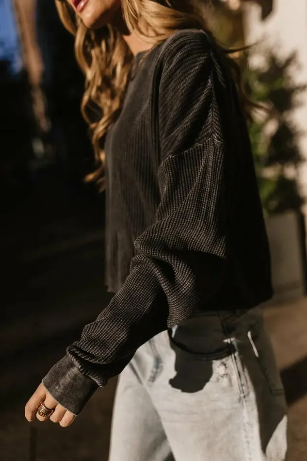 Wesley Waffle Knit Top Black Women Bohme Tops