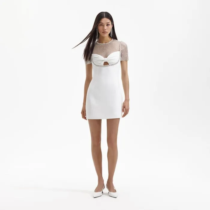 White Crepe Diamante Mesh Mini Dress Women Self Portrait Dresses