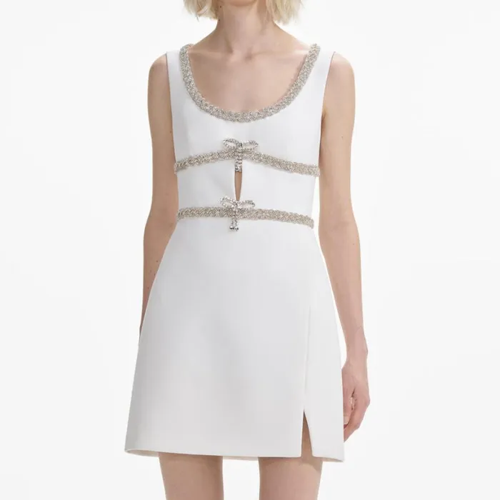 White Diamante Bow Trim Mini Dress Women Self Portrait Dresses