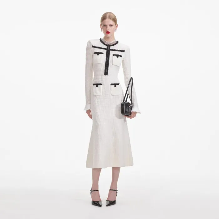 White Knit Contrast Trim Midi Dress Women Self Portrait Dresses