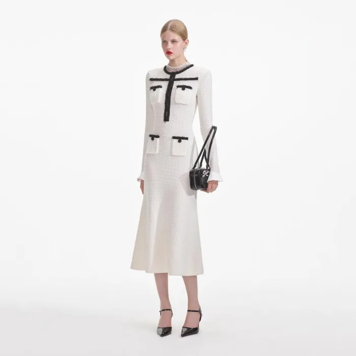 White Knit Contrast Trim Midi Dress Women Self Portrait Dresses