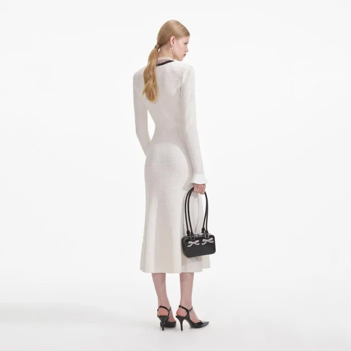 White Knit Contrast Trim Midi Dress Women Self Portrait Dresses