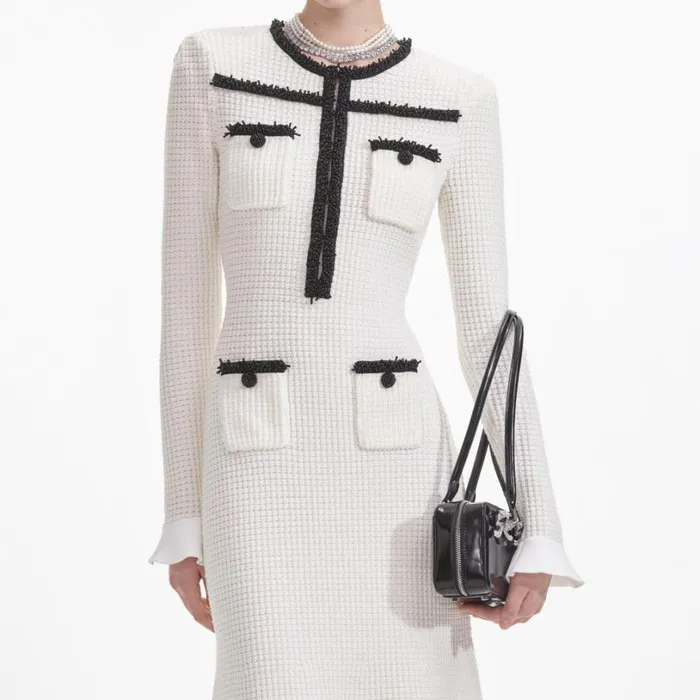 White Knit Contrast Trim Midi Dress Women Self Portrait Dresses
