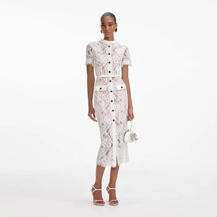 White Lace Button Midi Dress Women Self Portrait Dresses
