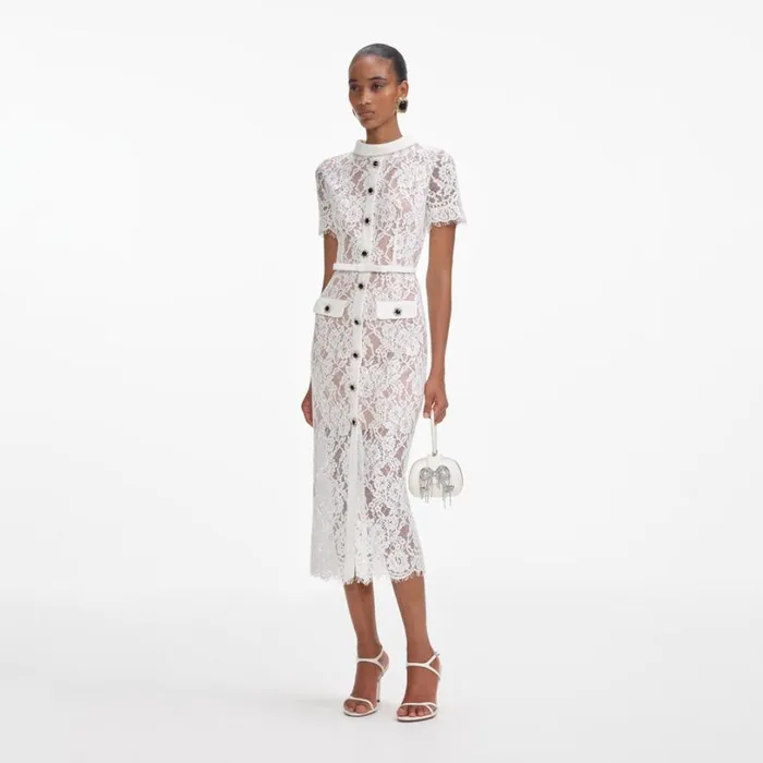 White Lace Button Midi Dress Women Self Portrait Dresses